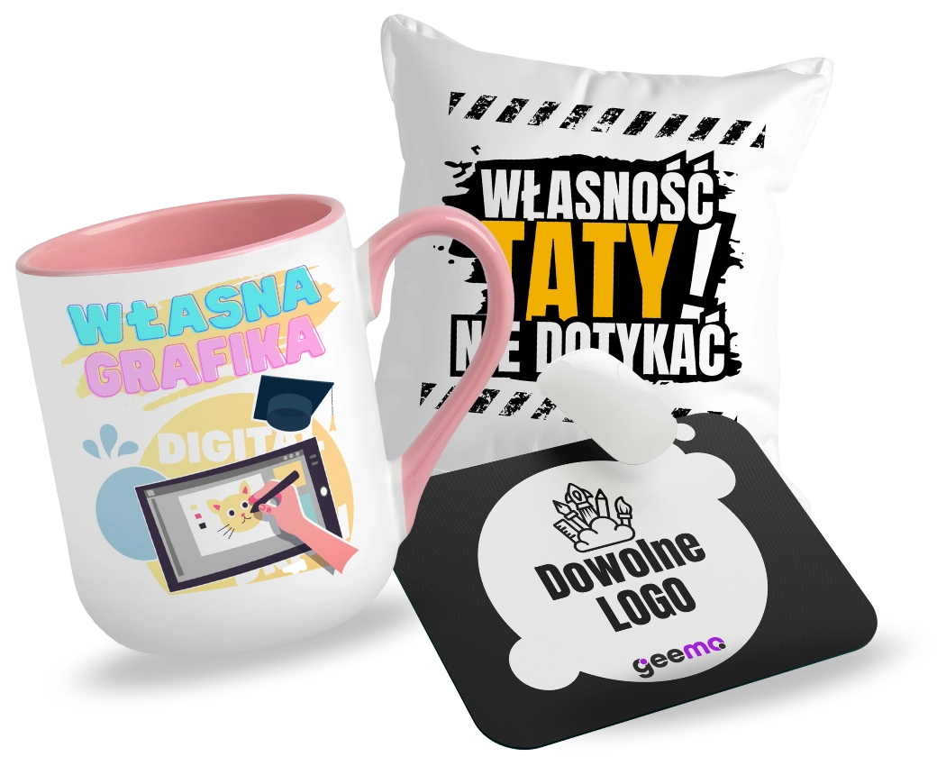 kubek poduszka i podkładak z własnymi grafikami